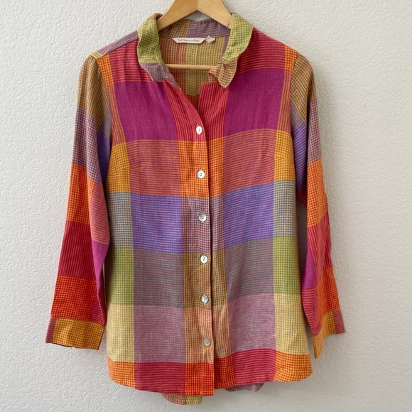 Soft Surroundings Linen Blend Top Size XS Galina Colorful Plaid - Picture 1 of 5